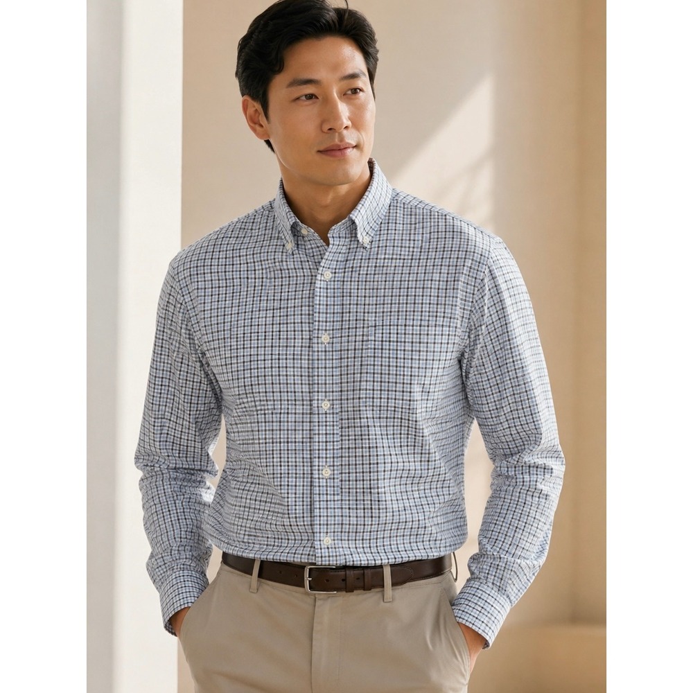 Peter Millar Mens Blue White Check Stretch Button Down Shirt Size M